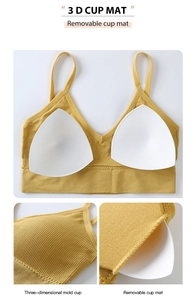 Detail of yellow ribbed bra with removable 3D cup mats and textured breathable fabric