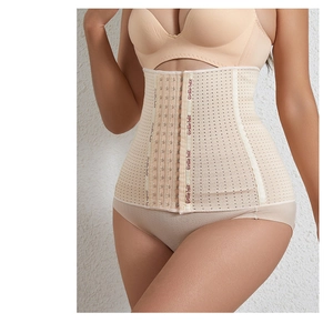 Detail of breathable skin-colored waist trainer with six-row adjustable metal hooks
