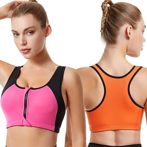 Women's Front Zipper Shockproof Sports Bra High Impact Racerback Polyester Wireless Fitness Running Gym Workout Yoga Crop Top