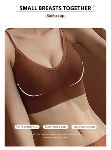 Detailed close-up of brown ribbed knit wire-free bra with thin straps and V-neckline