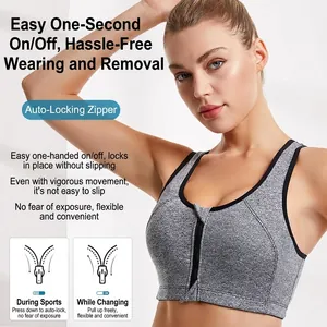 Padded sports bra with front zipper and grey heather texture for running and gym workouts