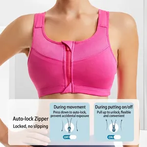 Peach pink front zipper sports bra with wide straps and breathable mesh for yoga fitness