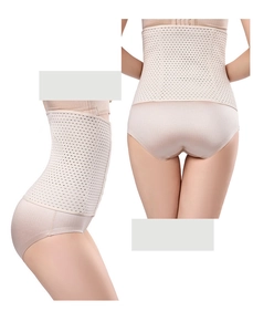 Breathable mesh waist trainer in beige with multi-row hook closure for tummy control