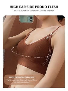 Detailed view of brown ribbed wireless bra featuring high side wings for a push-up effect