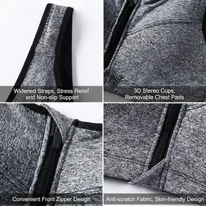 Grey high-impact sports bra featuring front zipper, 3D cups, and wide shoulder straps