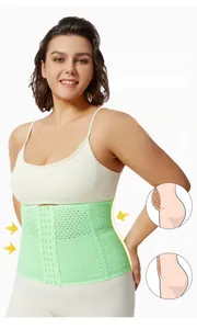 Detail of green waist cincher with triple-row hook-and-eye closure and mesh fabric