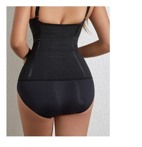 Detail of black breathable mesh waist trainer showing back support and shaping effect
