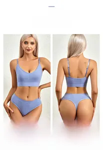 Front and back view of light blue seamless ribbed wireless bra and thong lingerie set