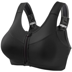 Black high-impact sports bra with front zipper, mesh details, and adjustable straps