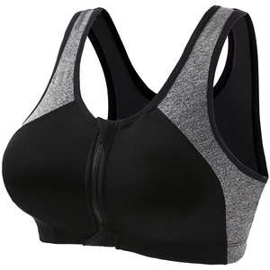 Front zipper sports bra in black and grey mesh with high elasticity for running and yoga