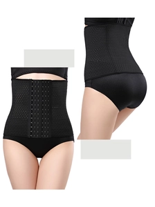 Detail of high-waist waist trainer featuring six-row hook closure and mesh fabric texture