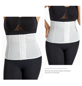 Detail of white breathable mesh waist trainer with multi-row hook-and-eye closures