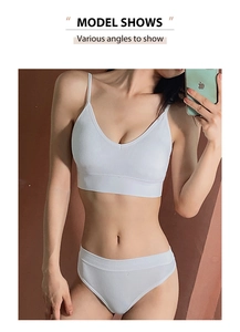 Close-up of white ribbed wireless bra and panty set with V-neck camisole design