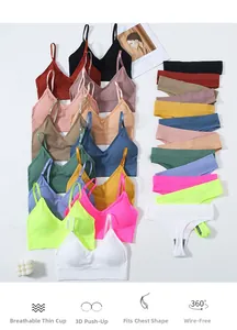Flat lay of ribbed wireless bras and thongs set in various vibrant color options