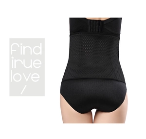 Detail of black breathable mesh waist trainer with multi-row hook closure and back view