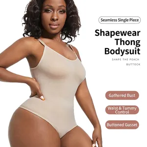 Body sculptant sans couture beige pour femme avec tissu côtelé et gaine ventrale