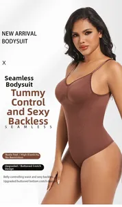 Detailed close-up of brown seamless bodysuit featuring a row of snap fasteners at the crotch