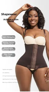Detail of dark brown tummy control bodysuit with multi-row front hook-and-eye closure