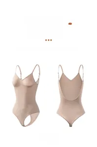 Detailed back and front view of seamless beige shapewear bodysuit with U-shape open back