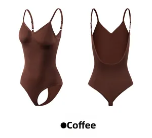 Detail view of coffee-colored backless bodysuit with deep U-shape and adjustable straps