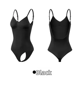 Detail of black seamless bodysuit featuring adjustable straps and U-shape back design
