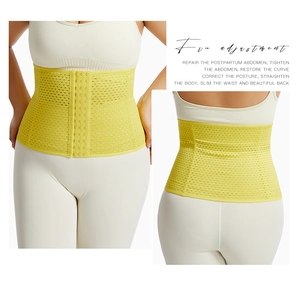 Detail of breathable yellow waist trainer with hook-and-eye closure for postpartum shaping