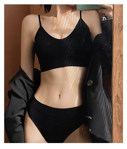 Close-up of black ribbed wireless bralette and high-waist panty set under stylish blazer