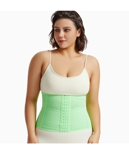 Close-up of green breathable mesh waist trainer with three-row adjustable metal hooks