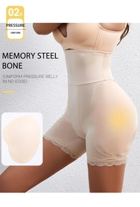Detail of high waist shapewear featuring memory steel bones and elegant lace trim edges