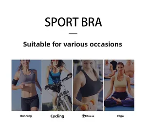 Detail of four seamless sports bras in various colors for running and yoga activities