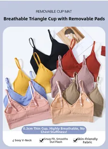 Close-up of ribbed seamless bralettes with thin straps and removable triangle pads
