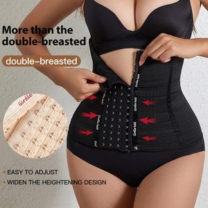 Black double-breasted waist trainer belt with breathable mesh and steel bone support