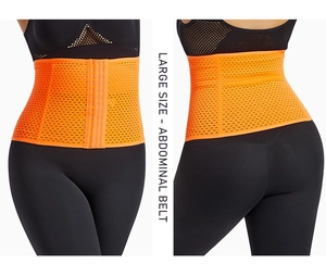 Detailed front and back views of an orange breathable mesh abdominal belt with hooks