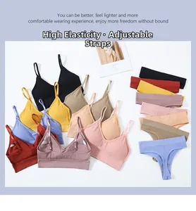 Detail view of multi-color seamless lingerie sets with adjustable straps and ribbed fabric