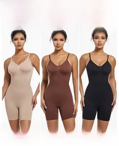 Three models wearing high-waist slimming bodysuits in apricot, coffee, and black tones