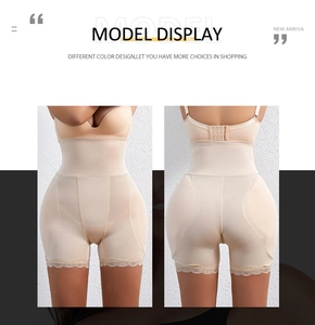 Detail showing high-waist seamless shapewear with lace trim and buckle adjustment
