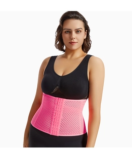 Detail of pink breathable waist trainer with adjustable triple row hook-and-eye closure