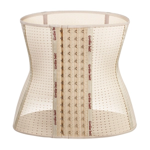 Breathable nude waist trainer with 4-row metal hooks and mesh fabric for tummy control