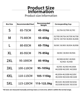 Guide des tailles pour brassière de sport sans armatures du S au 5XL avec bonnets