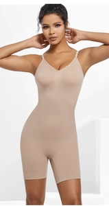 Nude seamless shapewear bodysuit with thin straps and V-neck for tummy and thigh control