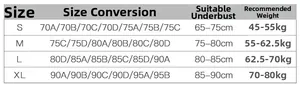 Detailed size chart for wireless bra set showing international cup sizes and measurements