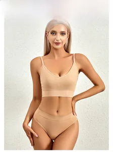 Detail of nude seamless ribbed lingerie set featuring a V-neck bralette and high-waist briefs
