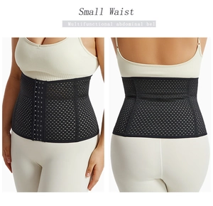 Close-up of black breathable mesh waist trainer with adjustable hooks for body shaping