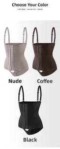 Three colors of high-waisted bodysuits with multi-row hook closures and adjustable straps