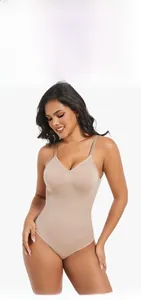 Detail of high-stretch nude seamless shapewear bodysuit with thin straps and V-neck design