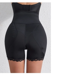 Rear view of high-waist body shaper with seamless fabric and lace trim detailing