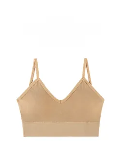 Detail of beige seamless rib-knit bralette with V-neck and thin double straps