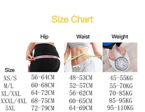 Detailed size chart for bodysuit showing hip, waist and weight measurements in CM and KG