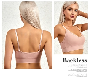 Detail of pink ribbed seamless bralette featuring adjustable straps and backless design