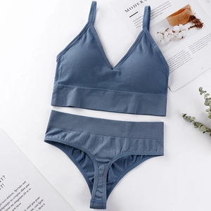 Two-piece grey-blue ribbed seamless lingerie set with V-neck bralette and thong